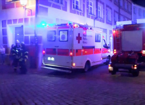 Emergency workers and vehicles are seen following an explosion in Ansbach, near Nuremberg July 25, 2016, in this still image taken from video. Courtesy News5/via Reuters