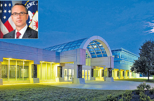 Anticipating future: A view of the CIA headquarters in Langley, which houses the Directorate of Digital Innovation headed by Andrew Hallman (inset). The agency hopes to be able to spot where an issue such as food scarcity might emerge and, in turn, lead to instability in a region.