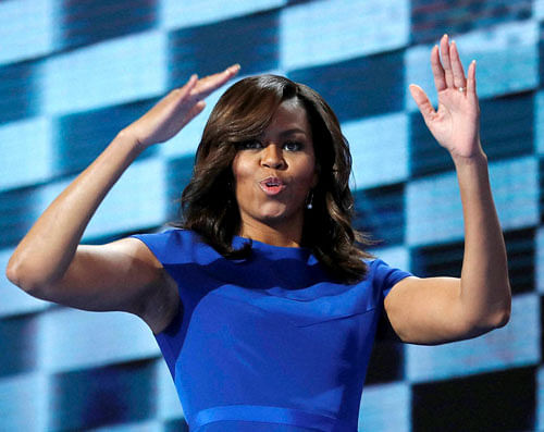 First Lady Michelle Obama blows kisses after speaking to delegates during the first day of the Democratic National Convention in Philadelphia , Monday, July 25, 2016. AP/PTI