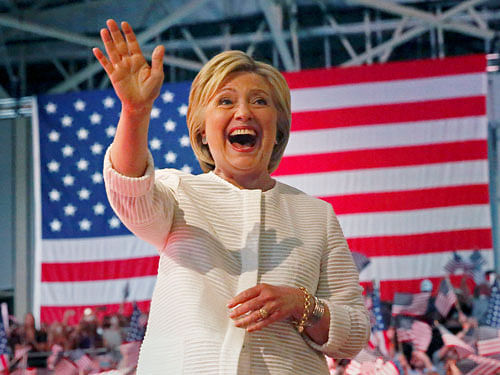 Democratic U.S. presidential candidate Hillary Clinton waves during her California primary night rally held in the Brooklyn borough of New York, U.S. on June 7, 2016. REUTERS