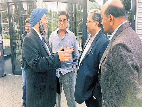 Manjeev Singh Puri, India's ambassador to Belgium, and Chief Minister Siddaramaiah at  University Hospital, Antwerp, where Rakesh, the son of Siddaramaiah, is under treatment. The chief minister reached Antwerp on Thursday.