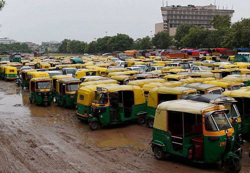 Autorickshaws parked at a ground during a strike against app-based taxi services in the National Capital, in New Delhi on Tuesday.PTI Photo