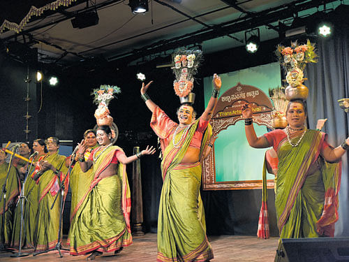 Manjamma Jogithi and team perform 'Jogithi Nritya' at the inauguration of the International Trans Arts Festival in Bengaluru on Friday. dh photo