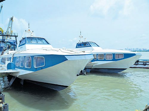 The two ferry service hydrofoils in Kochi.