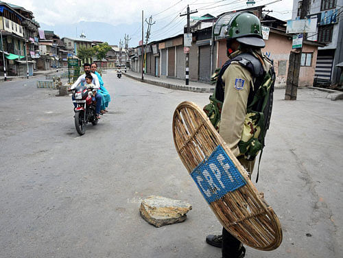 Curfew remained in force in five police station areas of the summer capital, Anantnag town, Pulwama town, parts of Baramulla town and Shopian town as restrictions on assembly of four or more people continued in entire Kashmir. PTI file photo