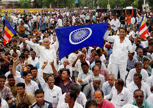 Dalit community people attend a Mahasammelan in Ahmedabad on Sunday in the wake of the recent Una incident. PTI Photo