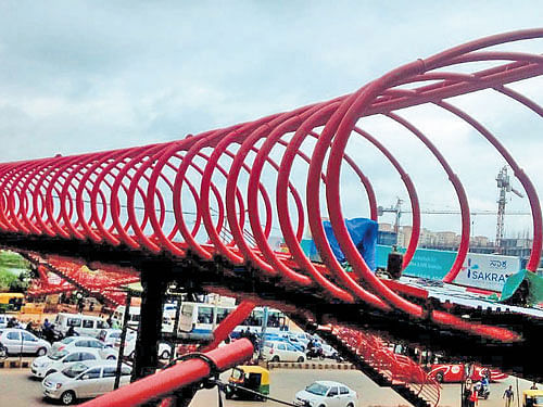 The skywalk on the Outer Ring Road near Bellandur was opened for public use with a soft launch on Monday. dh photo