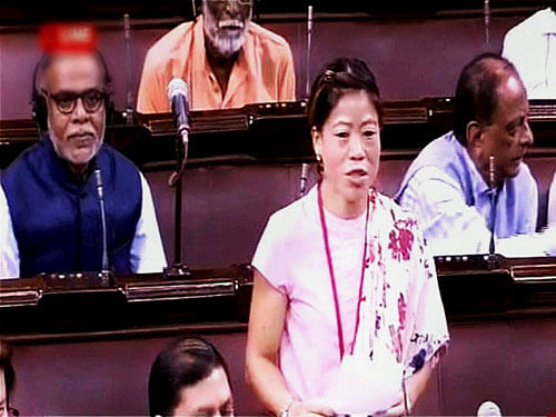 Nominated Rajya Sabha member Mary Kom speaks in the Rajya Sabha in New Delhi on Tuesday during the ongoing monsoon session. PTI Photo
