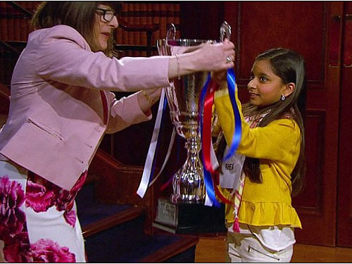 Rhea shot ahead in yesterday's final of 'Child Genius 2016' on Channel 4 with six correct answers and then drew equal with her opponent Saffy on nine points as they entered the final head-to-head question round. Screengrab