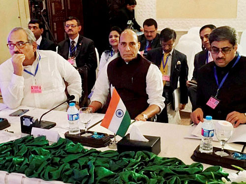 Union Home Minister Rajnath Singh along with the Indian delegation attending the first working session of SAARC Home Ministers' Conference 2016 in Islamabad. PTI file photo