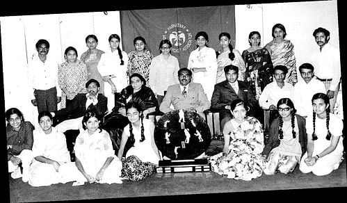 (Sitting, from left) Chitra Serpeshkar, Sudharshini, Jamuna, Chandrakala and the author. (Middle row) K S Nagarathnamma (second), Srinivasa Murthy (fourth) and Bobby (sixth). (Standing) Sheela (second), Sumitra, Padma, Sandhya Rani (seventh) and Dhakshaini.
