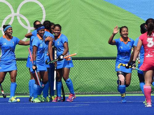 Indian women hockey players celebrate a goal against Japan during opening match of pool B at the Rio Olympic 2016 in Rio de Janeiro, Brazil on Sunday. PTI Photo