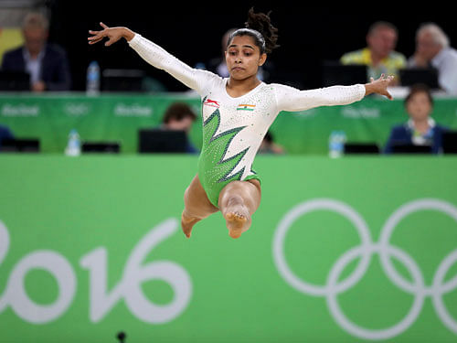 Dipa Karmakar (IND) of India competes on the floor exercise during the women's qualifications. REUTERS
