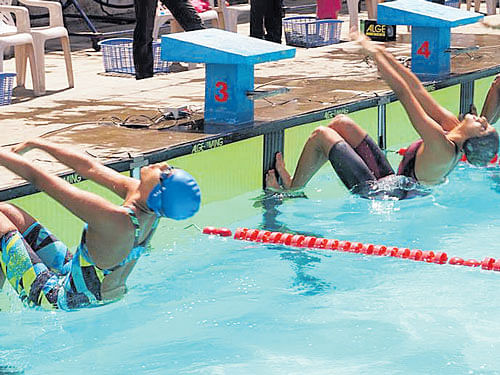 Splash: Swimmers compete in the State Senior Aquatic championships at the Nettakallappa Aquatic Centre.