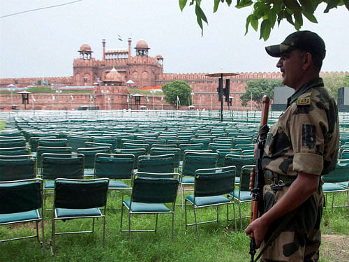 A security man keeps vigil at Red Fort ahead of Independence Day celebrations, in New Delhi on Saturday. PTI Photo