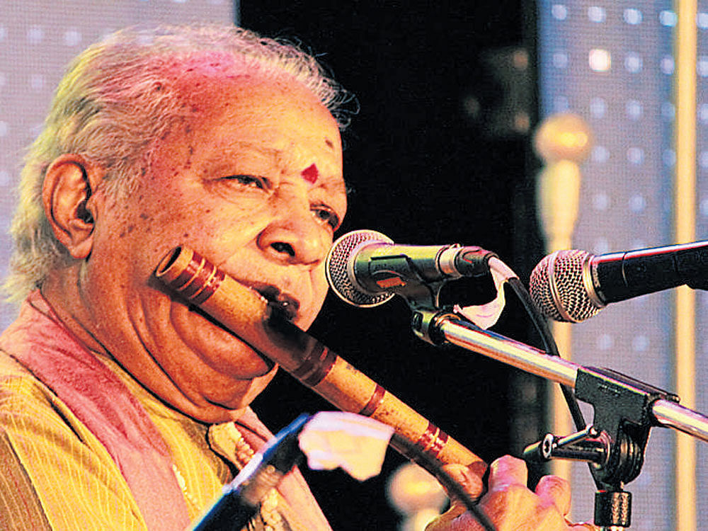 Pandit Hariprasad Chaurasia performs at 'Yamini, ' an all-night concert in Electronics City on Sunday.