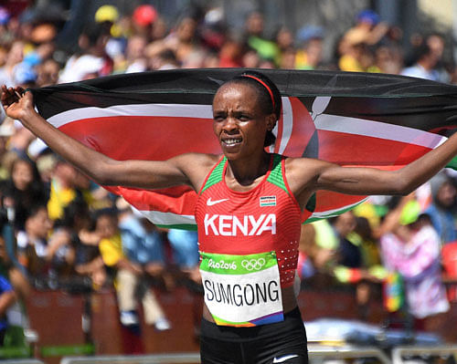 Kenya's Jemima Jelagat Sumgong celebrates winning the women's marathon during the Summer Olympics athletics event in Rio de Janeiro, Brazil, Sunday, Aug. 14, 2016. AP/PTI