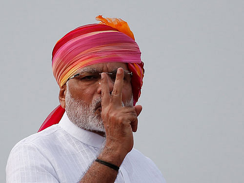 Indian Prime Minister Narendra Modi gestures as he addresses the nation from the historic Red Fort during Independence Day celebrations in Delhi, India, August 15, 2016. REUTERS/
