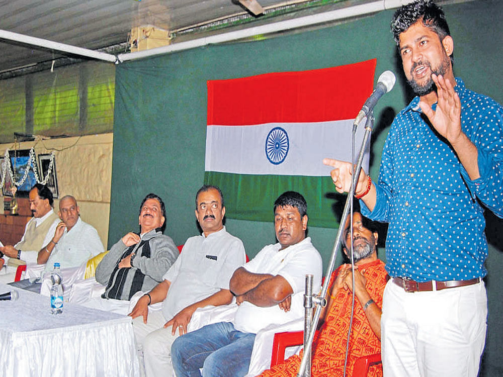MP&#8200;Prathap Simha speaks at the valedictory of Tiranga Yatre organised by BJP&#8200;Yuva Morcha at Kodava Samaja auditorium, in Madikeri on Tuesday. DH photo