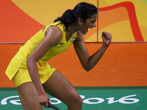 P.V. Sindhu (IND) of India reacts during her match against Wang Yihan (CHN) of China. REUTERS
