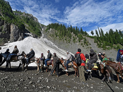 The group of sadhus and devotees trekked 42 kilometres from Pahalgam to reach the cave shrine with night halts at Chandanwari, Sheshnag and Panchtarani. pti file photo