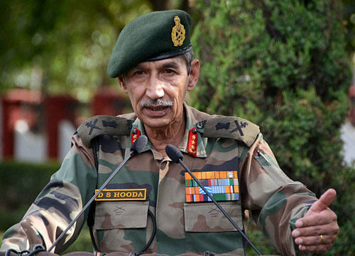 Army Chief of Northern Command D.S Hooda addressing a press conference during his visit to valley to assess the situation of ongoing unrest, at Badami Bagh Army Headquarters in Srinagar on Friday. PTI Photo