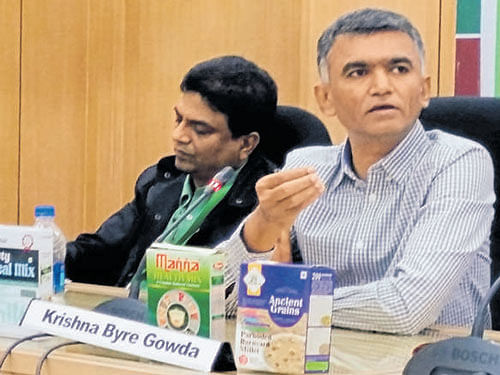 Karnataka Agriculture Minister Krishna Byre Gowda addresses the press at ICRISAT in Hyderabad on Friday. DH Photo