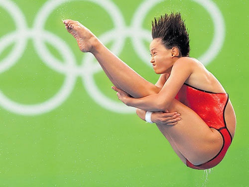Up in the air China's Ren Qian during her 10M platform win at the Rio Olympics on Thursday. reuters