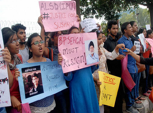 Amity Law School students holding a protest over the suicide of student Sushant Rohilla, in Noida on Friday. PTI Photo