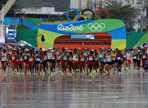 Runners compete at the start of the men's marathon at the 2016 Summer Olympics in Rio de Janeiro, Brazil, Sunday, Aug. 21, 2016.AP/PTI