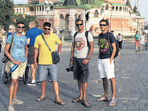 Adventurous Rohit, Harish, Bramesh and Bharath at The Saint Basil's Cathedral in Moscow.