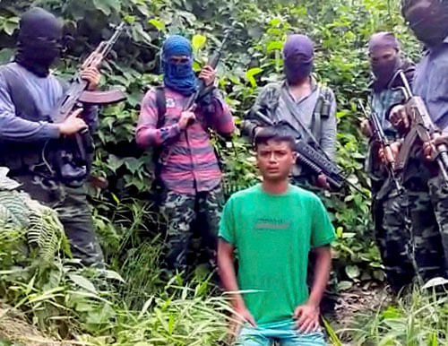 A video footage leaked on media showing Kuldeep Moran, son of Tinsukia Zila Parishad Vice President Ratnaswar Moran in the custody of ULFA(I) militants. Kuldeep was abducted on August 1, 2016 by the suspected organization for Rs 1 Cr ransom. PTI Photo