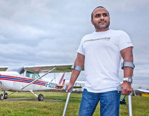 Still dependent on crutches from his childhood battle with polio, 39-year-old Gautam Lewis, who was adopted by a British nuclear physicist from the Missionaries of Charity here, is now not only a commercial pilot himself but also runs a training school for disabled pilots in London. Image courtesy: facebook