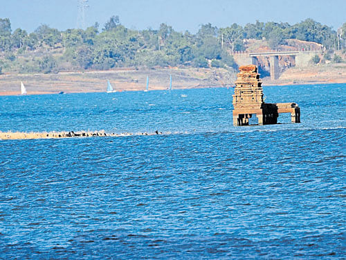 UP AGAIN: The mantap of Narayanaswamy temple, which is usually submerged during this time of the year, has surfaced with the dip in the water level in the KRS. dh photo