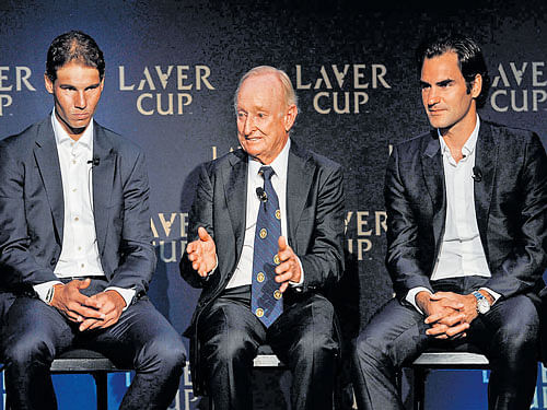 awesome threesome: Rafael Nadal (left) and Roger Federer with Australian tennis great Rod Laver (centre) at the  launch of Laver Cup in New York City on Thursday. AFP