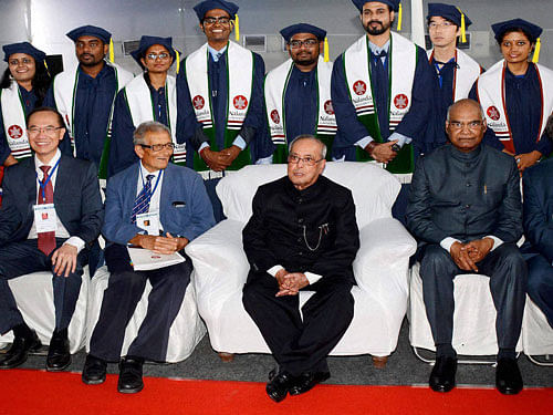President Pranab Mukherjee with Bihar governor Ram Nath Kovind and Nobel Laureate Amartya Sen in a group photograph at the first convocation programme of Nalanda University in Rajgir, Nalanda on Saturday. PTI Photo