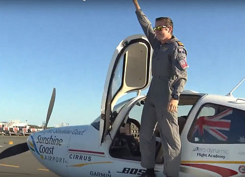 Lachlan Smart touched down on the Sunshine Coast at Maroochydore yesterday, having departed the same airstrip on July 4. Video grab