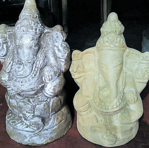 The Ganesha idols made of cow dung and clay.