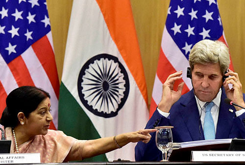 Union Minister for External Affairs Sushma Swaraj and US Secretary of State John Kerry at a joint press conference in New Delhi on Tuesday. PTI Photo