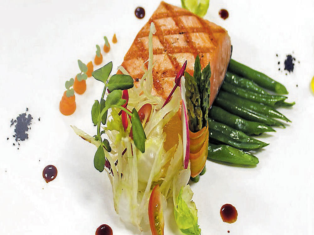 Grilled Salmon with Fennel and Orange Salad, Citrus Butter Emulsion