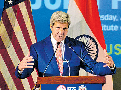 US Secretary of State John F Kerry addresses a gathering at IIT in NewDelhi onWednesday. DH PHOTO