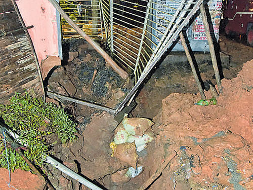 The spot where the wall collapsed on the duo in JP Nagar onWednesday.