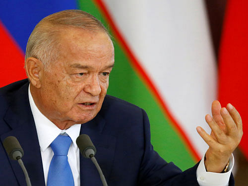 Uzbek President Islam Karimov speaks during a joint news conference with Russian President Vladimir Putin (not pictured) following their meeting at the Kremlin in Moscow, Russia, April 26, 2016. REUTERS