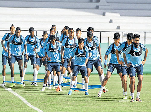GEARED UP The Indian football team go through a practice drill ahead of their friendly against Puerto Rico.