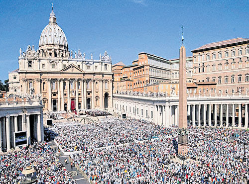 A crowd gathers to attend Mother Teresa's canonisation mass at St Peter's Square in the Vatican on Sunday . PTI
