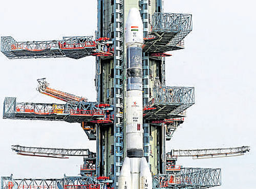 Fully integrated GSLV-F05 carrying INSAT-3DR at the second launch pad at Sriharikota space port near Chennai on Sunday.