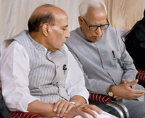 Union Home Minister Rajnath Singh with Governor of Jammu and Kashmir N. N. Vohra in a meeting in Srinagar on Sunday. PTI Photo / PIB