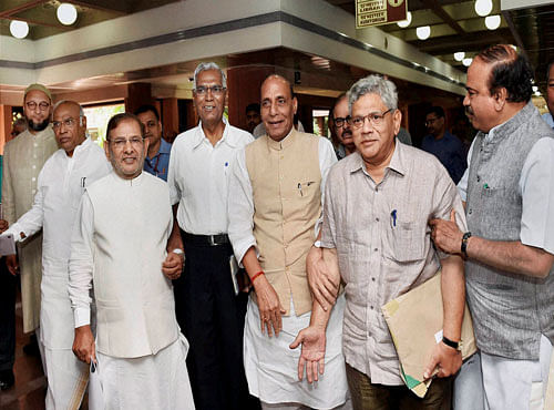 Union Home Minister Rajnath Singh alongwith Parliamentary Affairs Minister Ananth Kumar, CPI(M) General Secretary Sitaram Yechury, CPI member D Raja Janata Dal-United leader Sharad Yadav, Congress leader Mallikarjun Kharge, AIMIM chief Asaduddin Owaisi and others after an All Party meeting in New Delhi on Wednesday to discuss and assess the situation in Kashmir with the delegation that visited the Valley earlier this week. PTI Photo