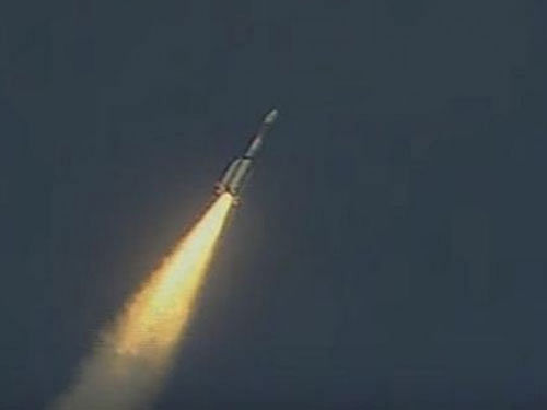 The 49.13-metre tall rocket lifted off from the second launch pad at the Satish Dhawan Space Centre here at 4.50 PM, majestically soared into the skies and injected the 2,211-kg INSAT-3DR into a Geosynchronous Transfer Orbit about 17 minutes later. Screengrab