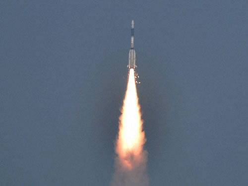 ISRO's GSLV-F05 carrying INSAT-3DR takes off from Satish Dhawan Space Centre in Sriharikota on Thursday. PTI Photo